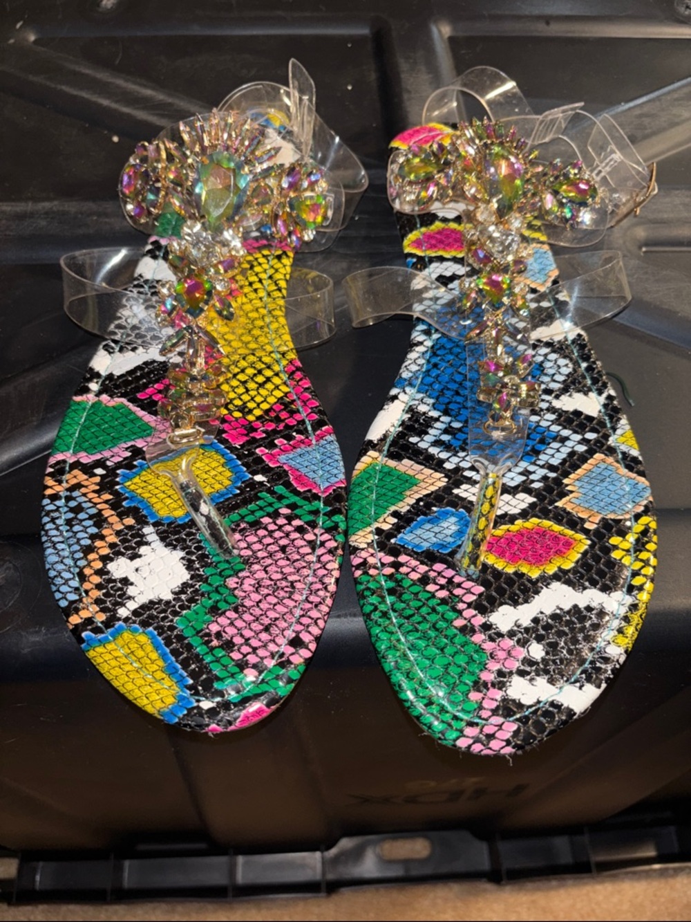 Liliana Multicolor Snake-Print Crystal Thong Sandals